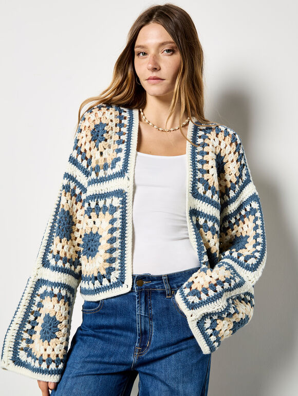 Hand-Knit Crochet Squares Cardigan, Cream, large