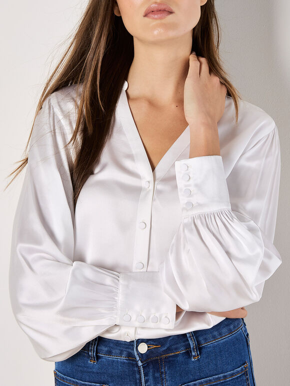 Balloon Sleeve Satin Blouse, White, large