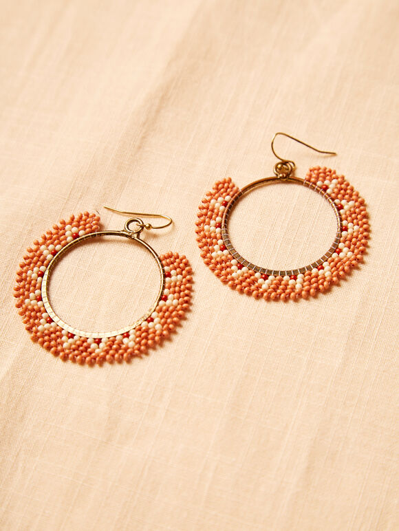 Beaded Hoop Earrings, Coral, large