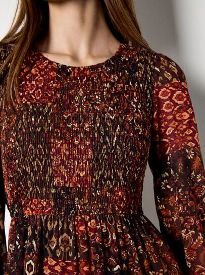 Ikat Patchwork Smocked Chiffon Midi Dress