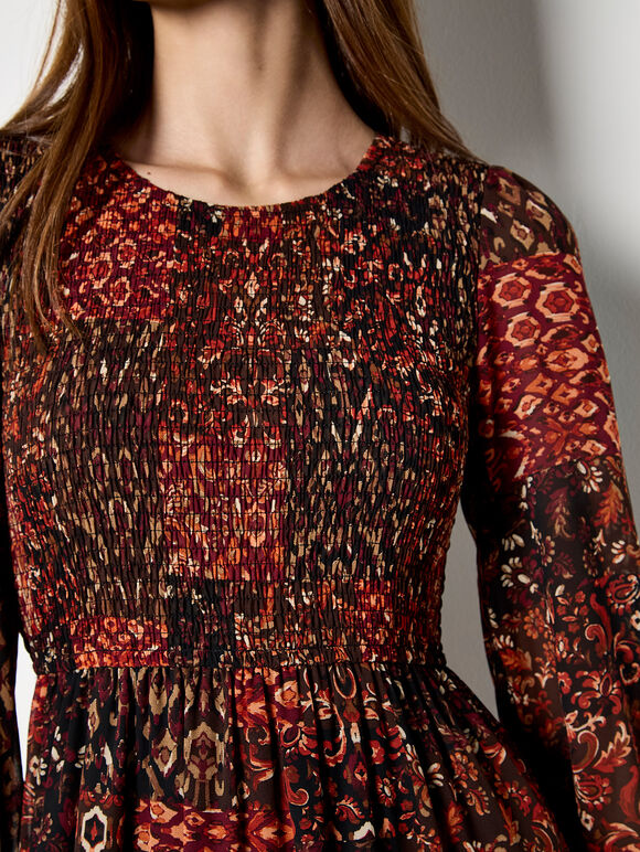 Ikat Patchwork Smocked Chiffon Midi Dress, Burgundy, large