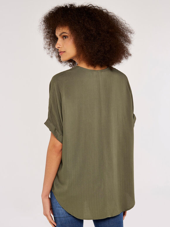 Chevron V Neck Top, Khaki, large