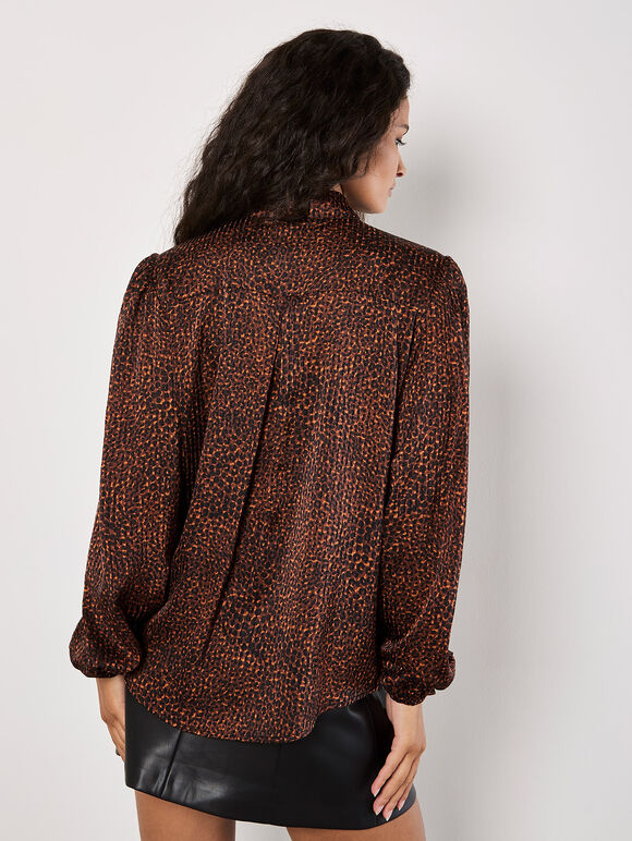 Animal Print Self Stripe Satin Shirt, Rust, large