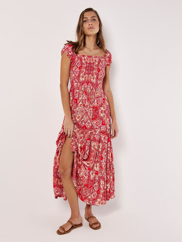 Milchmädchen-Maxikleid mit Schal-Print, Rot, Größe L