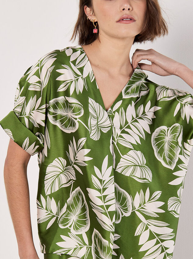 Tropical Leaf Print Satin T-Shirt, Green, large