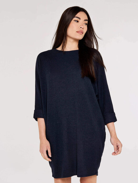 Ribbed Cocoon Mini Dress, Navy, large