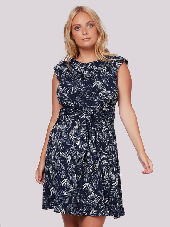 Feather Leaf Print Tie Front Dress+, Navy, large