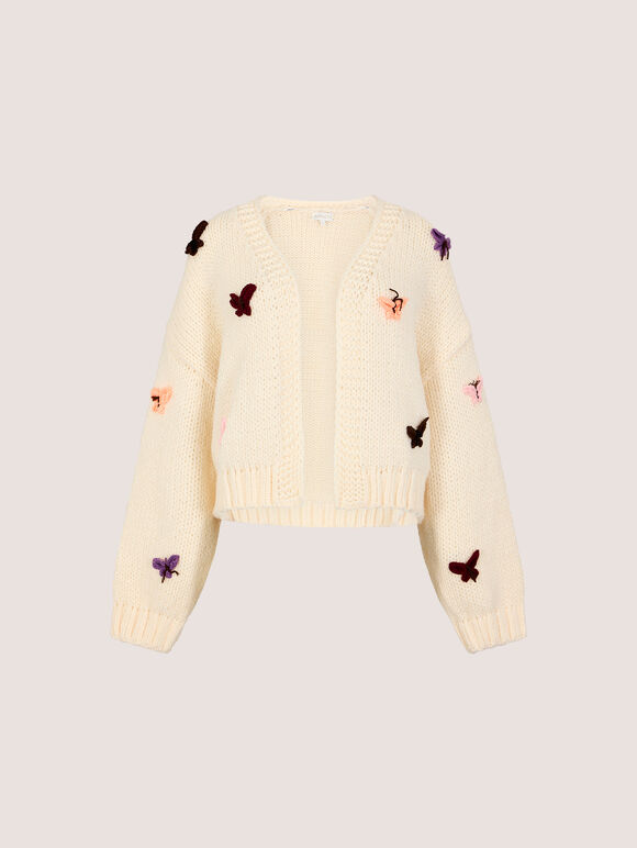 Chunky Knit Butterfly Applique Cardigan, Cream, large