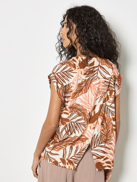 Tropical Leaf Woven T-Shirt, Brown, large