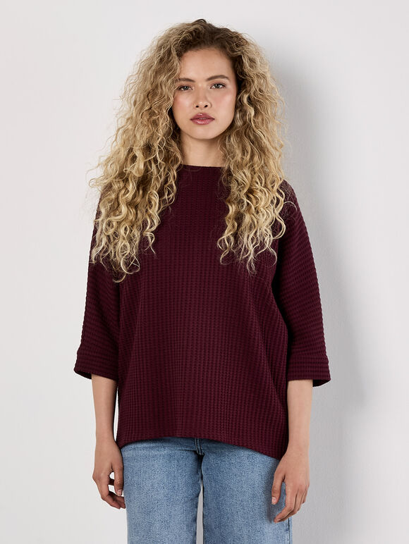 Waffle Knit Batwing Top, Burgundy, large