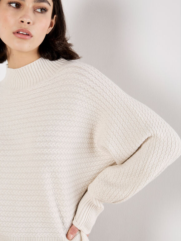 Twisted Cable Knit Batwing Jumper, Stone, large