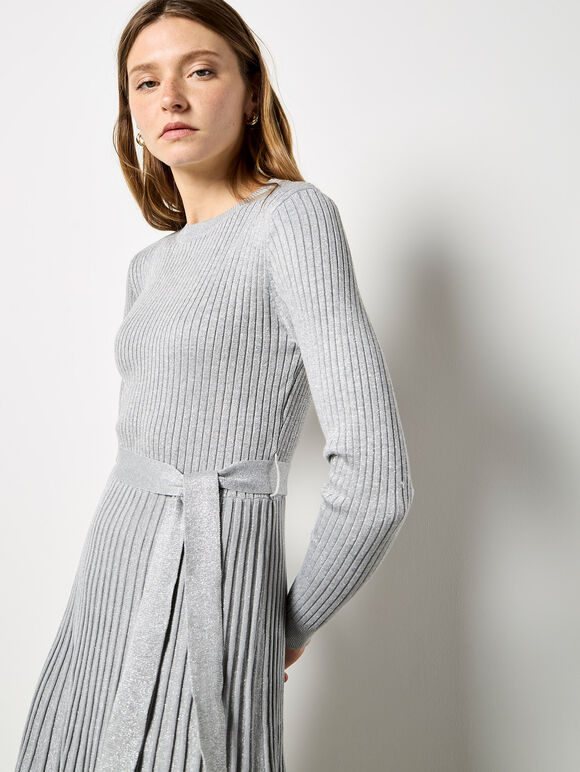 Rib Knit Pleated Midi Dress, Light Grey / Silver, large