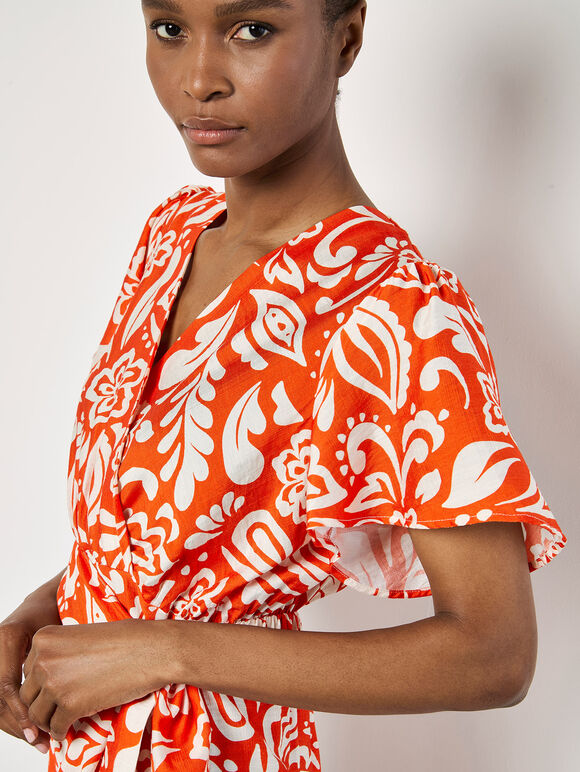 Floral Paisley Wrap Mini Dress, Orange, large