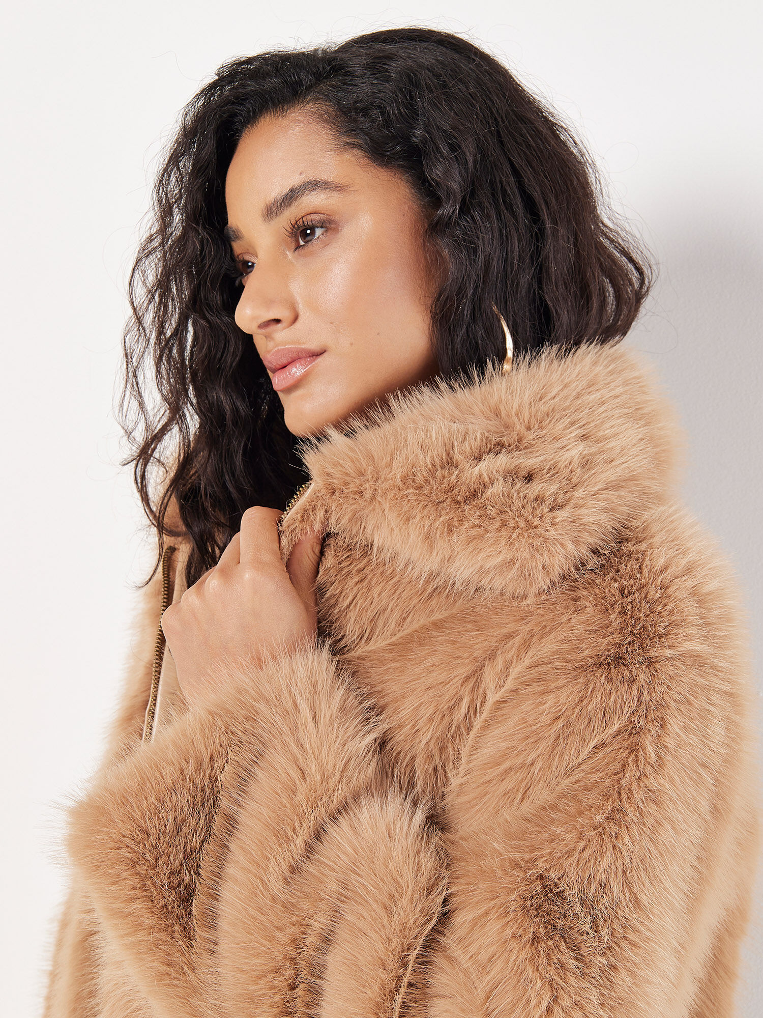 Soft Faux Fur Zipped Jacket Apricot Clothing