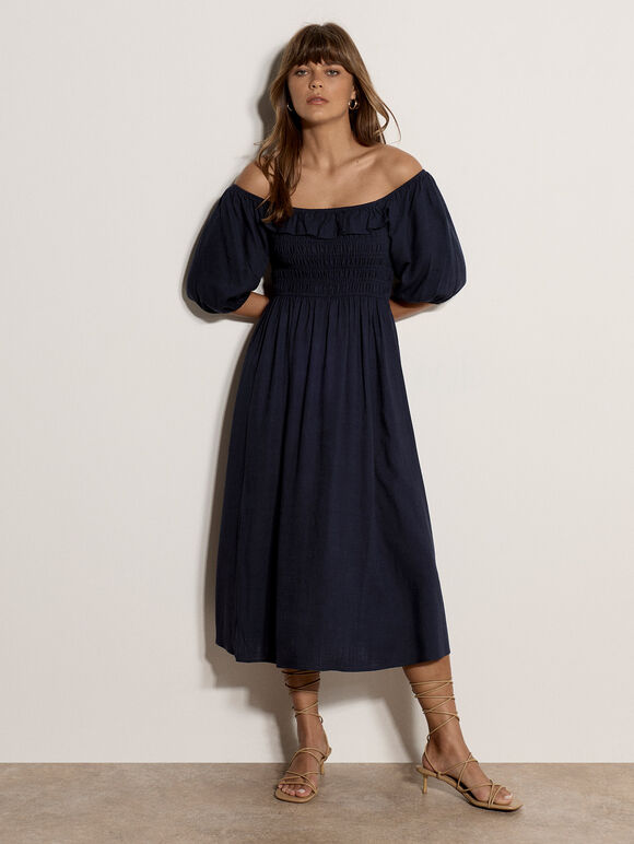 Smocked Bardot Maxi Dress, Navy, large