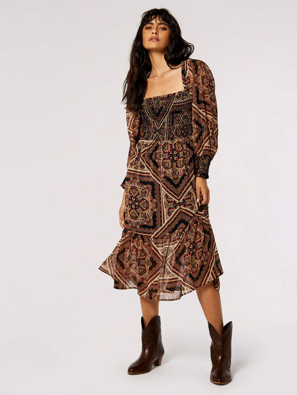 Scarf Print Milkmaid Midi Dress, Rust, large