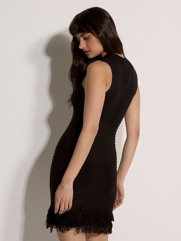 Rib Knit Fringe Bodycon Mini Dress, Black, large