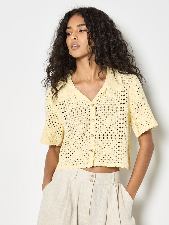 Floral Cotton Crochet Cardigan, Yellow, large