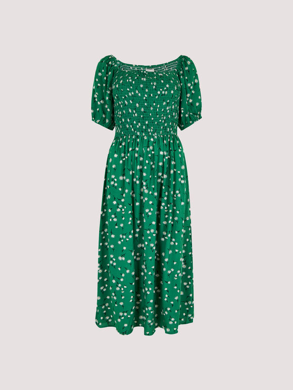 Geblümtes Kleid mit Puffärmeln, Grün, Größe L
