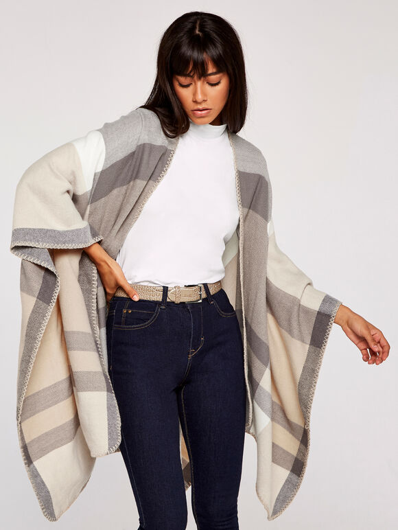 Soft Check Self Tie Blanket Cape, Stone, large