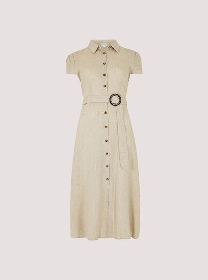 Linen Blend Belted Shirt Midi Dress