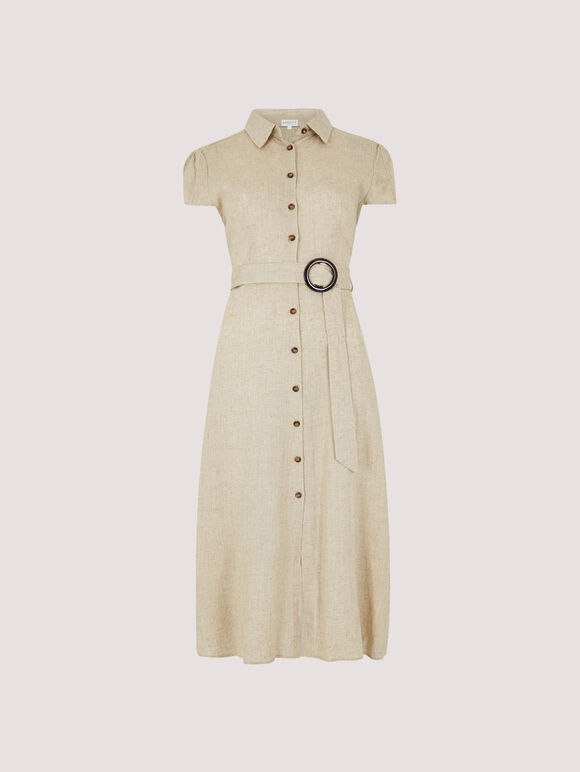 Linen Blend Belted Shirt Midi Dress, Stone, large
