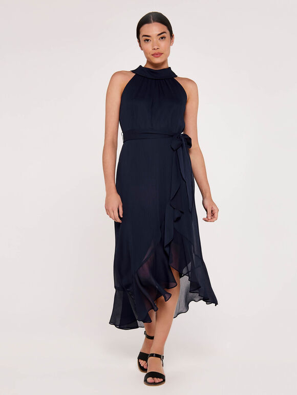 Halter Neck Ruffle Dress, Navy, large