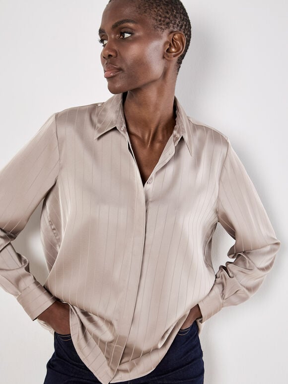 Satin Self-Stripe Oversized Shirt, Stone, large