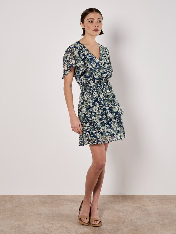 Blurred Floral Tiered Mini Dress, Navy, large