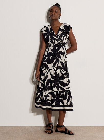 Floral Silhouette Tiered Midi Dress
