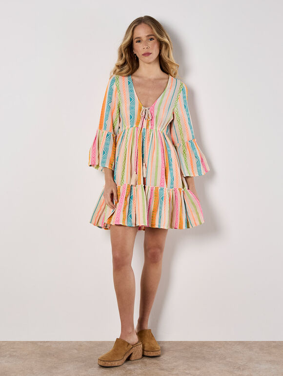 Colourful Pattern Woven Mini Dress, Assorted, large