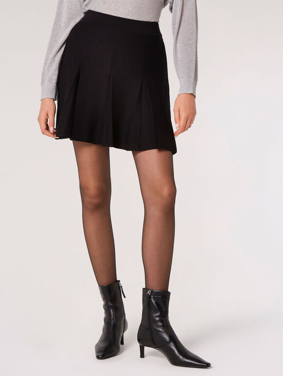 Knitted Pleat Mini Skirt, Black, large