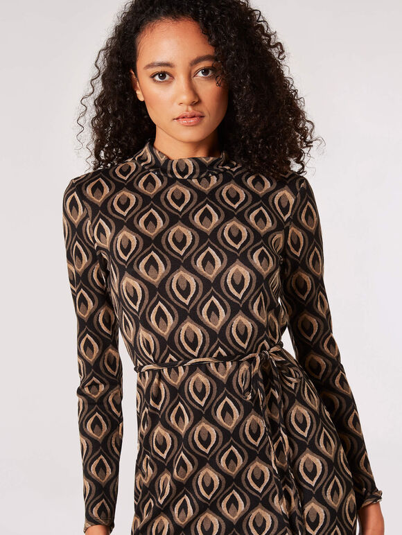 Geometric Leaves Knit Midi Dress, Black, large