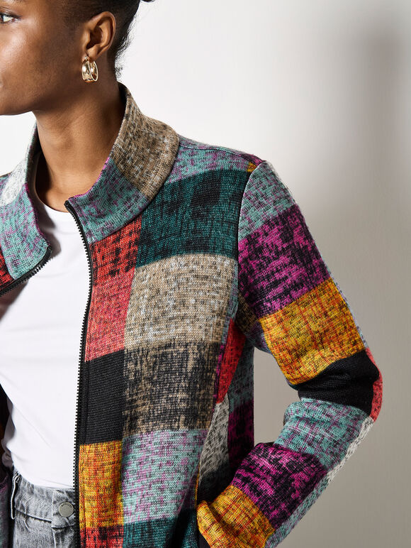 Colourful Check Fleece Jacket, Grey, large