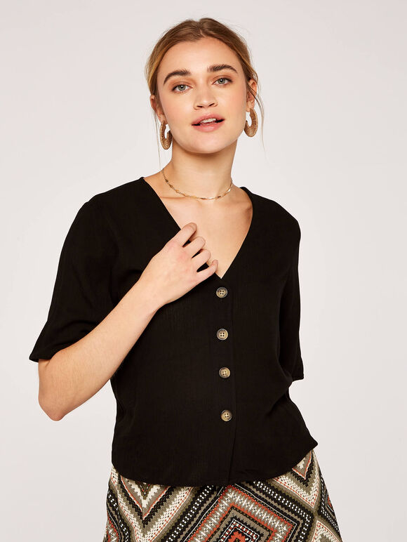 Button Front Crop Top, Black, large