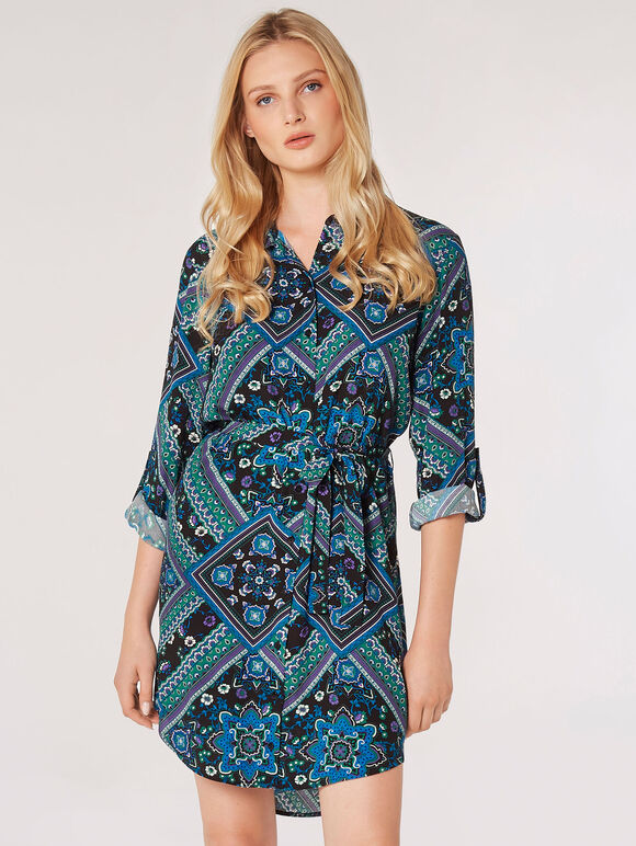 Scarf Print Shirt Mini Dress, Blue, large