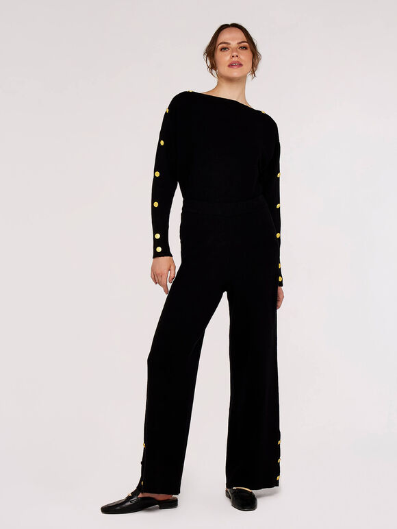Ribbed Wide Leg Trousers, Black, large