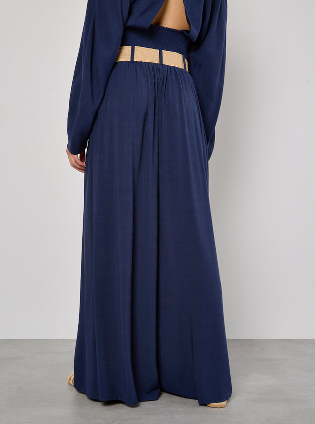 Pleated Palazzo Trousers With Belt, Navy, large