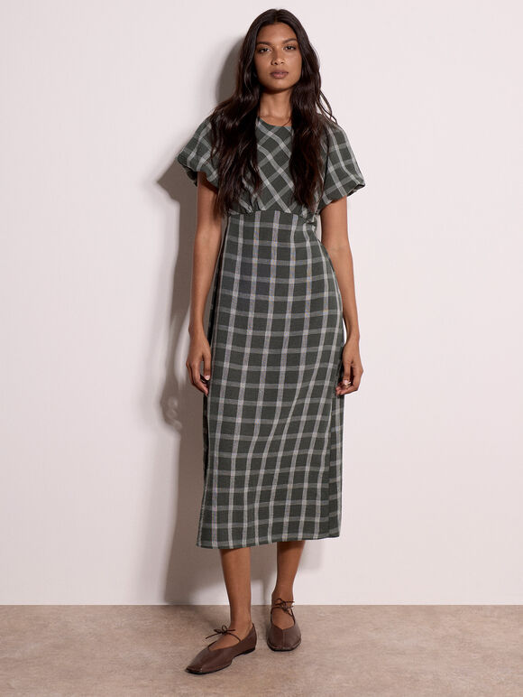 Check Print Midaxi Dress, Pine Green, large