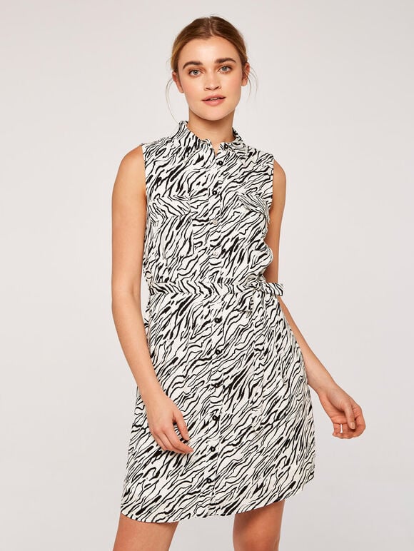 Zebra Sleeveless Shirt Dress, White, large