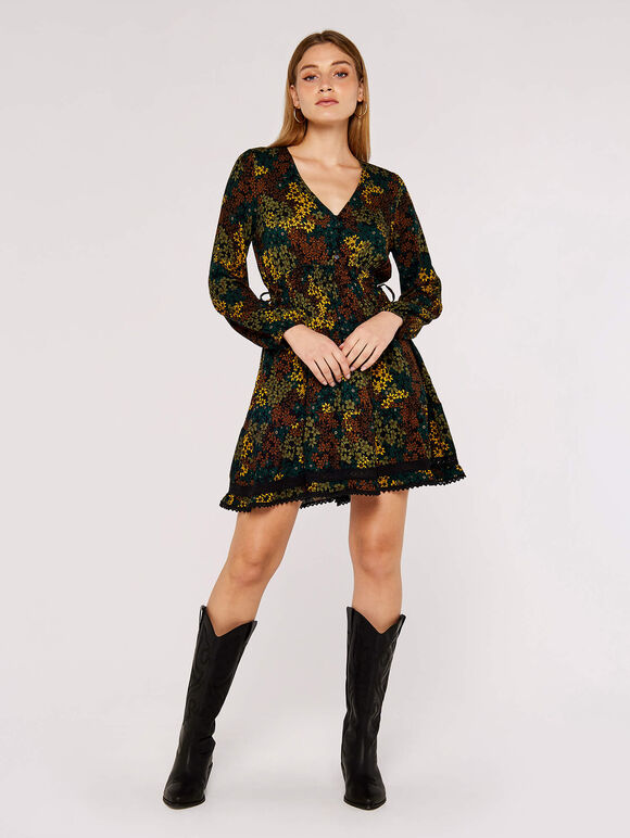 Daisy Spray Mini Dress, Black, large