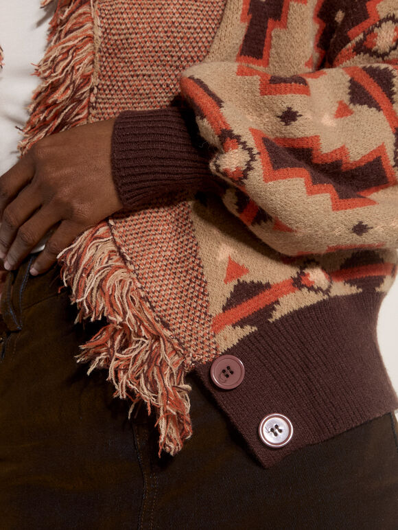 Soft Boho Geo Fringe Cardigan, Brown, large