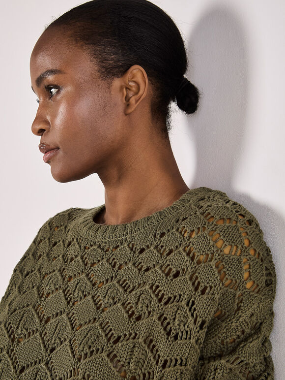 Diamond Pointelle Boxy Jumper, Khaki, large