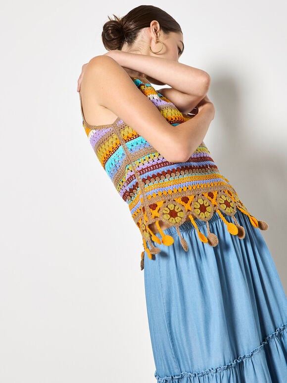 Colourful Stripe Tassel Crochet Top, Brown, large