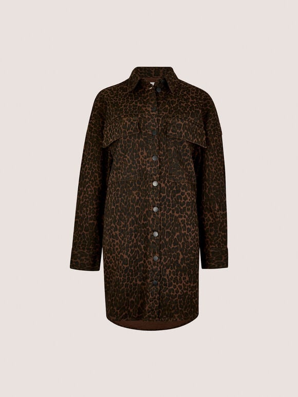 Leopard Denim Shacket Mini Dress, Brown, large