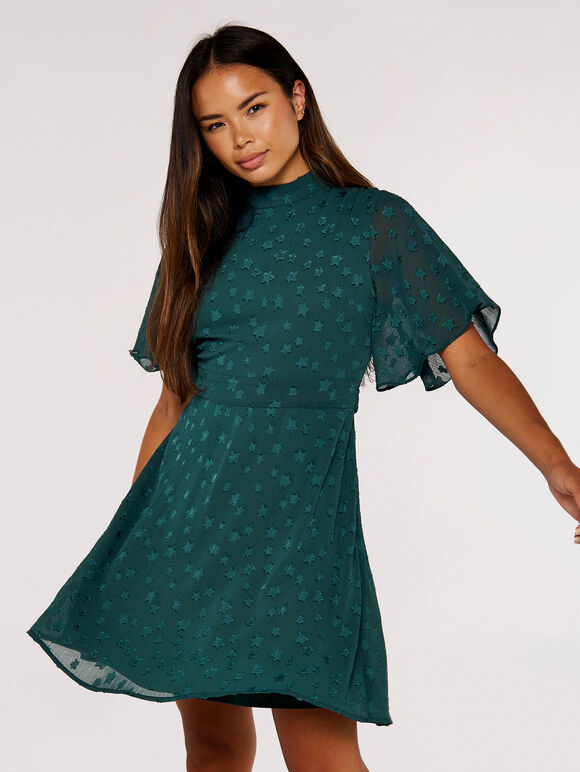 Star Jacquard Mini Dress, Green, large