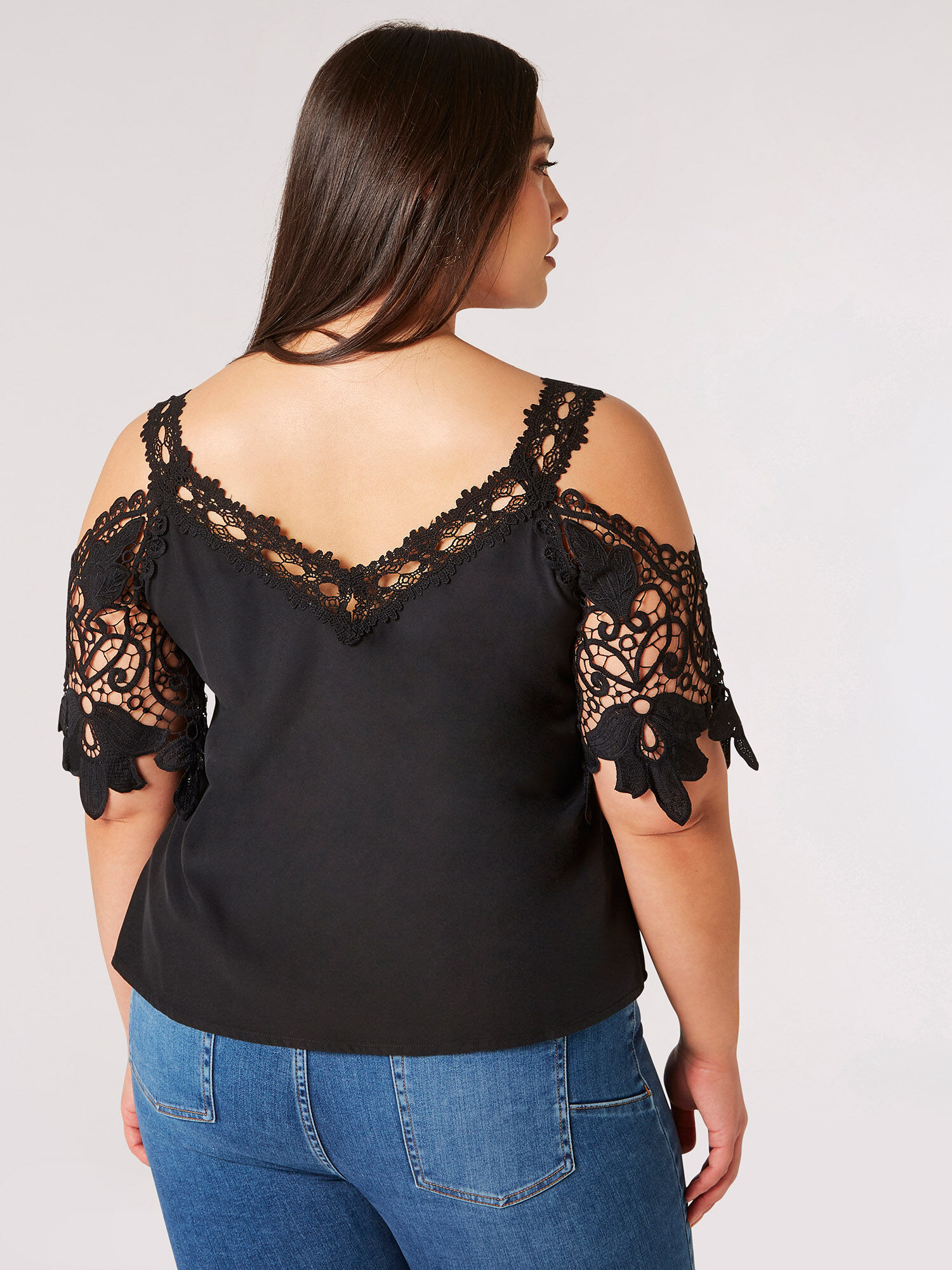 Black lace cold shoulder top sales
