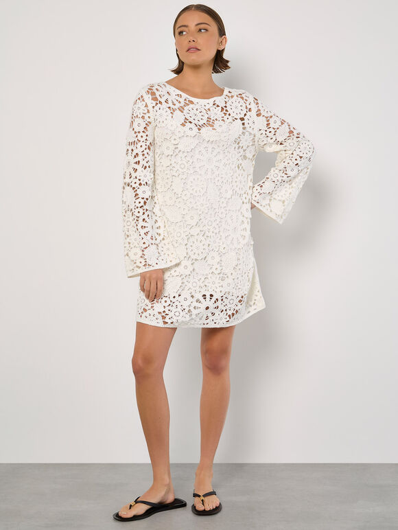 Floral Crochet Shift Mini Dress, White, large