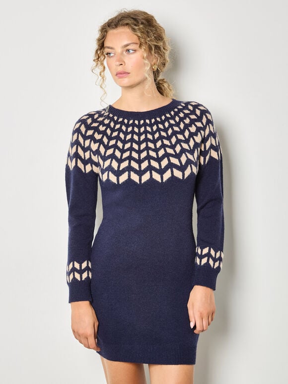 Chevron Knitted Mini Dress, Navy, large