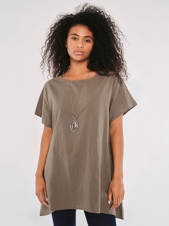 Slub Cotton High Low Tunic, Khaki, large